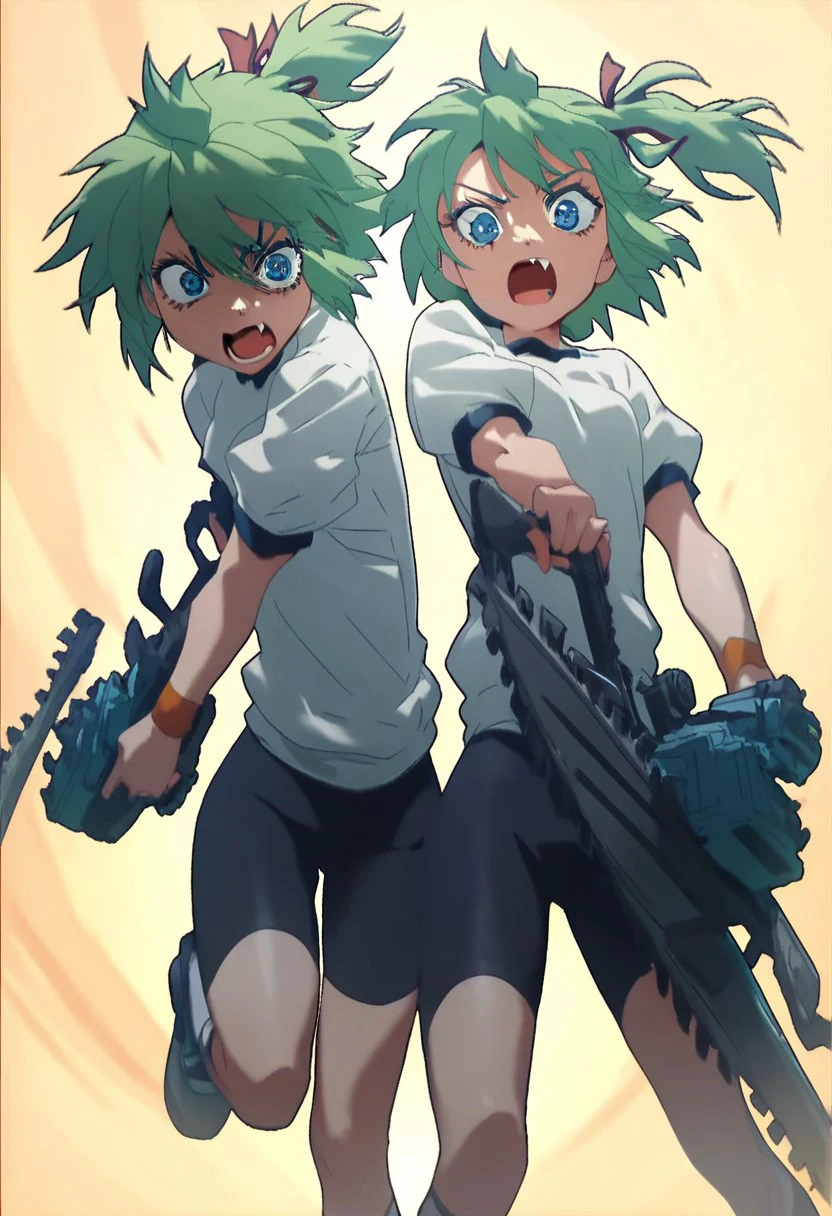 score_9, score_8_up, score_7_up, 
1l3n3l,ile and nel,
short hair, open mouth, blue eyes, multiple girls, ribbon, 2girls, weapon, green hair, fang, side ponytail, gun, siblings, sisters, bike shorts, gym uniform, twins, chainsaw