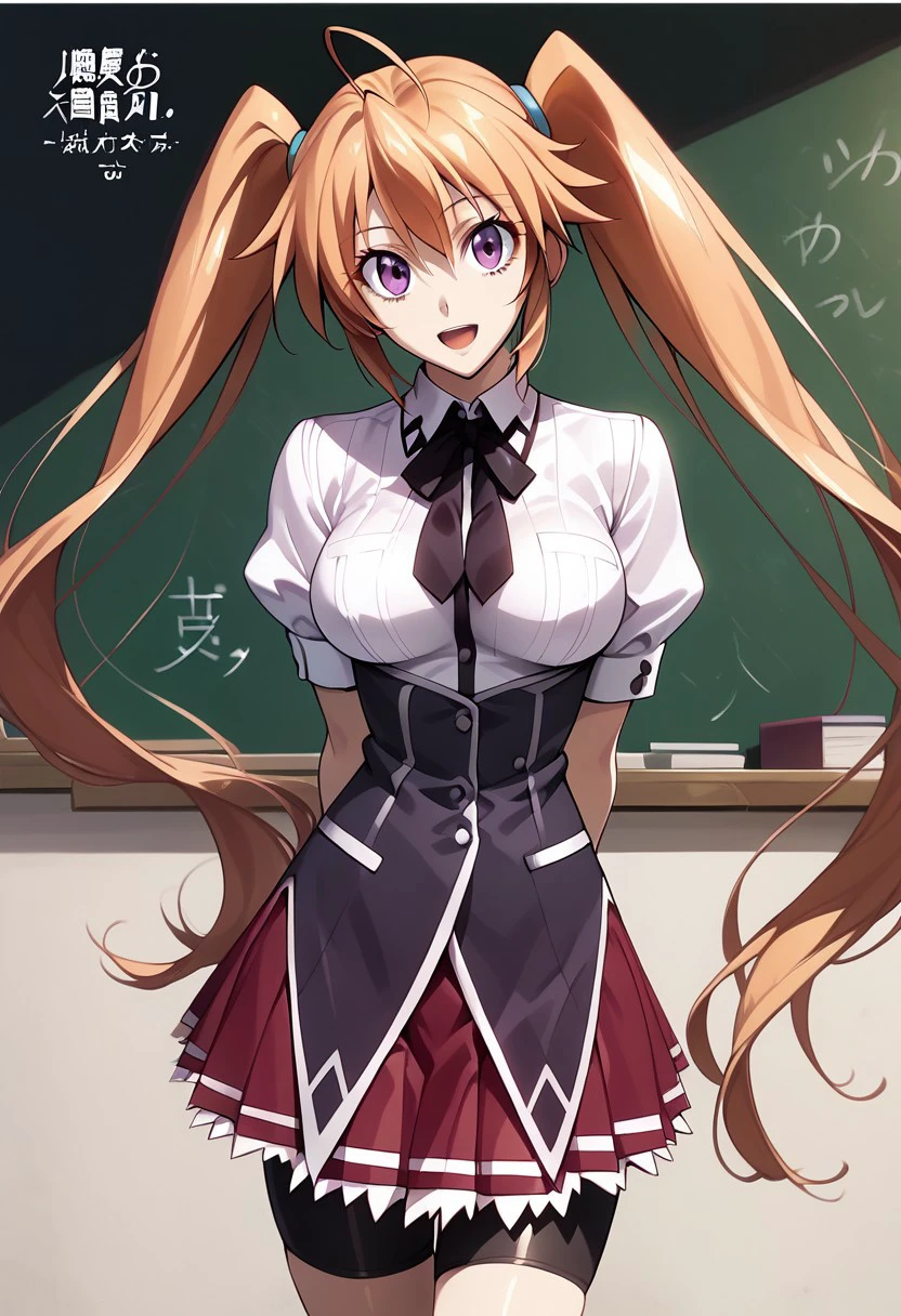 score_9, score_8_up, score_7_up, 
1r1n4sh1d0 ,Irina Shido ,
1girl, solo, long hair, breasts, looking at viewer, smile, open mouth, bangs, skirt, brown hair, shirt, ribbon, hair between eyes, twintails, medium breasts, very long hair, school uniform, standing, purple eyes, white shirt, ahoge, short sleeves, :d, pleated skirt, necktie, shorts, puffy sleeves, shiny, collared shirt, indoors, miniskirt, orange hair, puffy short sleeves, black ribbon, copyright name, red skirt, arms behind back, black shorts, bike shorts, black necktie, shorts under skirt, chalkboard, bike shorts under skirt