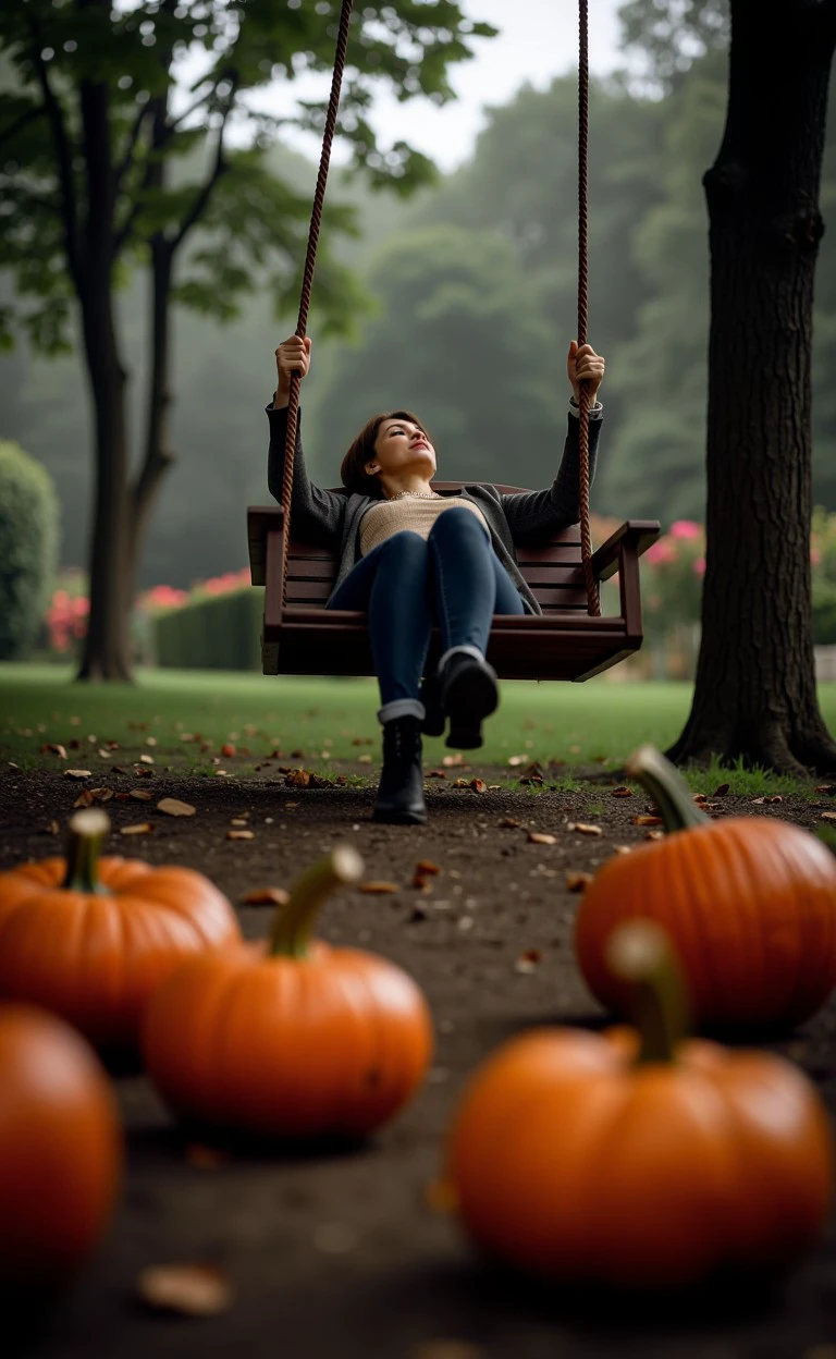 halciver style, pumpkins, dark. man, pumpkins dangerous A woman lying on a swing in a peaceful garden, gently swaying as the soft breeze carries the scent of roses, with birds singing in the background. 
<lora:flux_halloween_s07_creepy_enviornment_halciver_style:1.1>