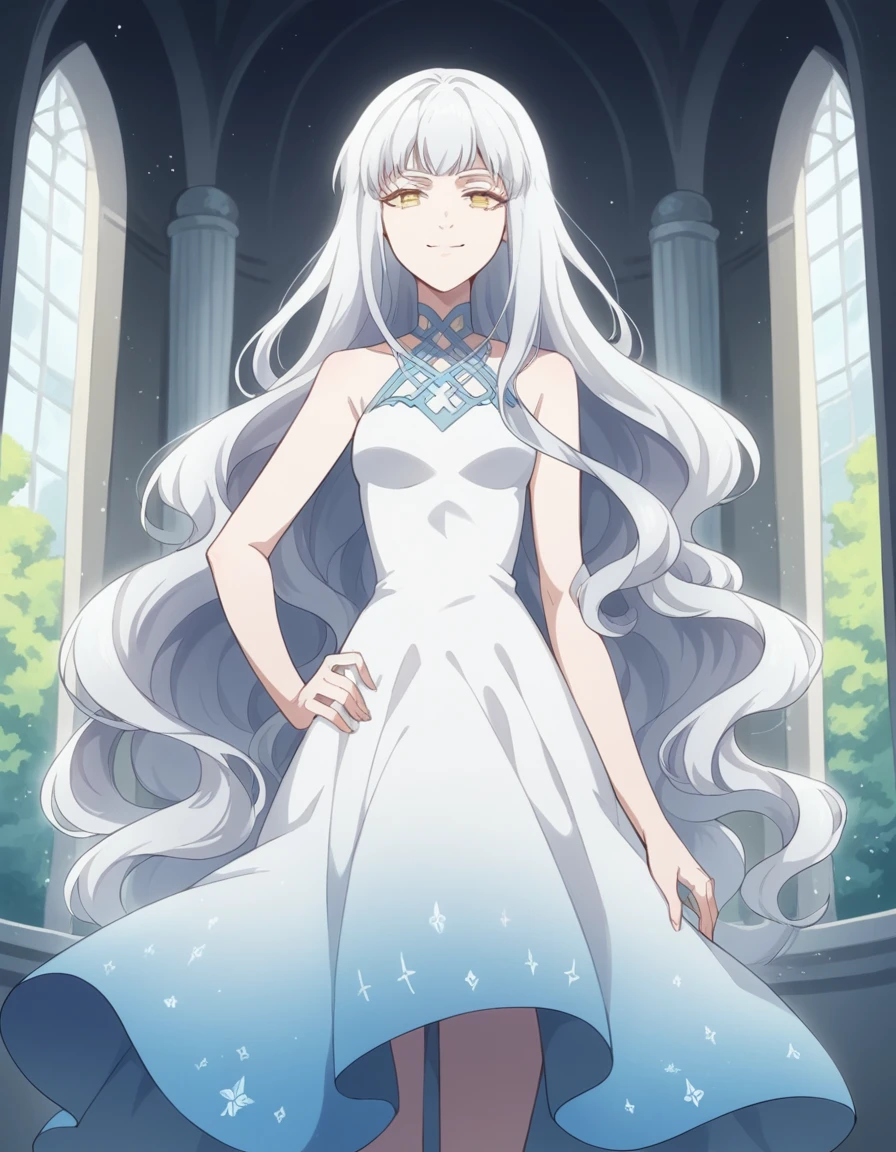 score_9, score_8_up, score_7_up, source_anime, <lora:norn-aion-s1-ponyxl-lora-nochekaiser:1>, aion, long hair, very long hair, yellow eyes, white hair,, dress, bare shoulders, white dress,, museum, art exhibit, paintings, observing, quiet contemplation, cultural experience, smile, smug, hand on hips,, looking at viewer, solo,, dutch angle, cowboy shot