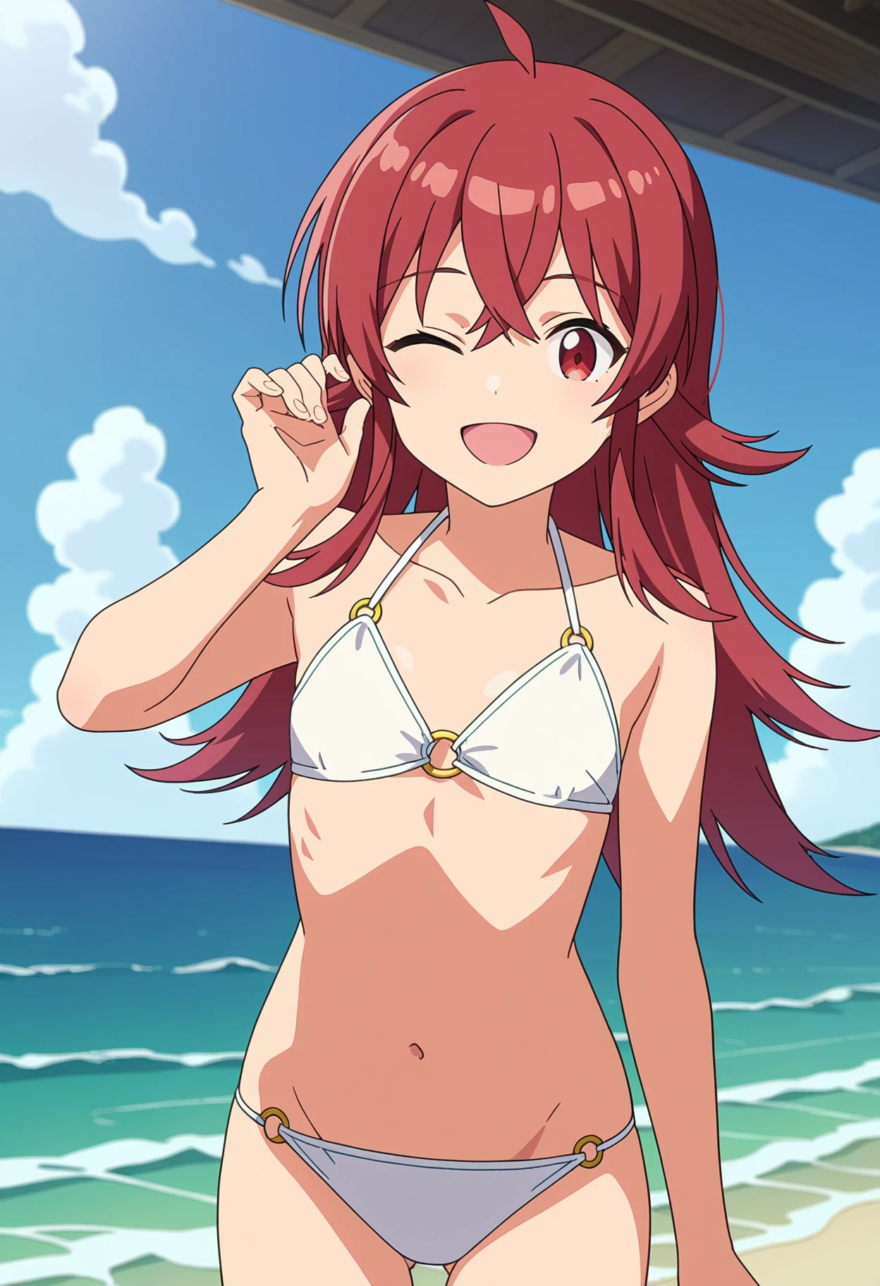 score_9, score_8_up, score_7_up, source_anime,
BREAK
1girl, solo, anime screencap, anime coloring, 
<lora:shiKomiyaKahoV1:1.0>,
shikomiyarng, long hair, red hair, red eyes, hair between eyes, ahoge, 
swimsuit, o-ring, collarbone, halterneck, white bikini, stomach, 
looking at viewer, smile, one eye closed, open mouth, 
outdoors, waves,