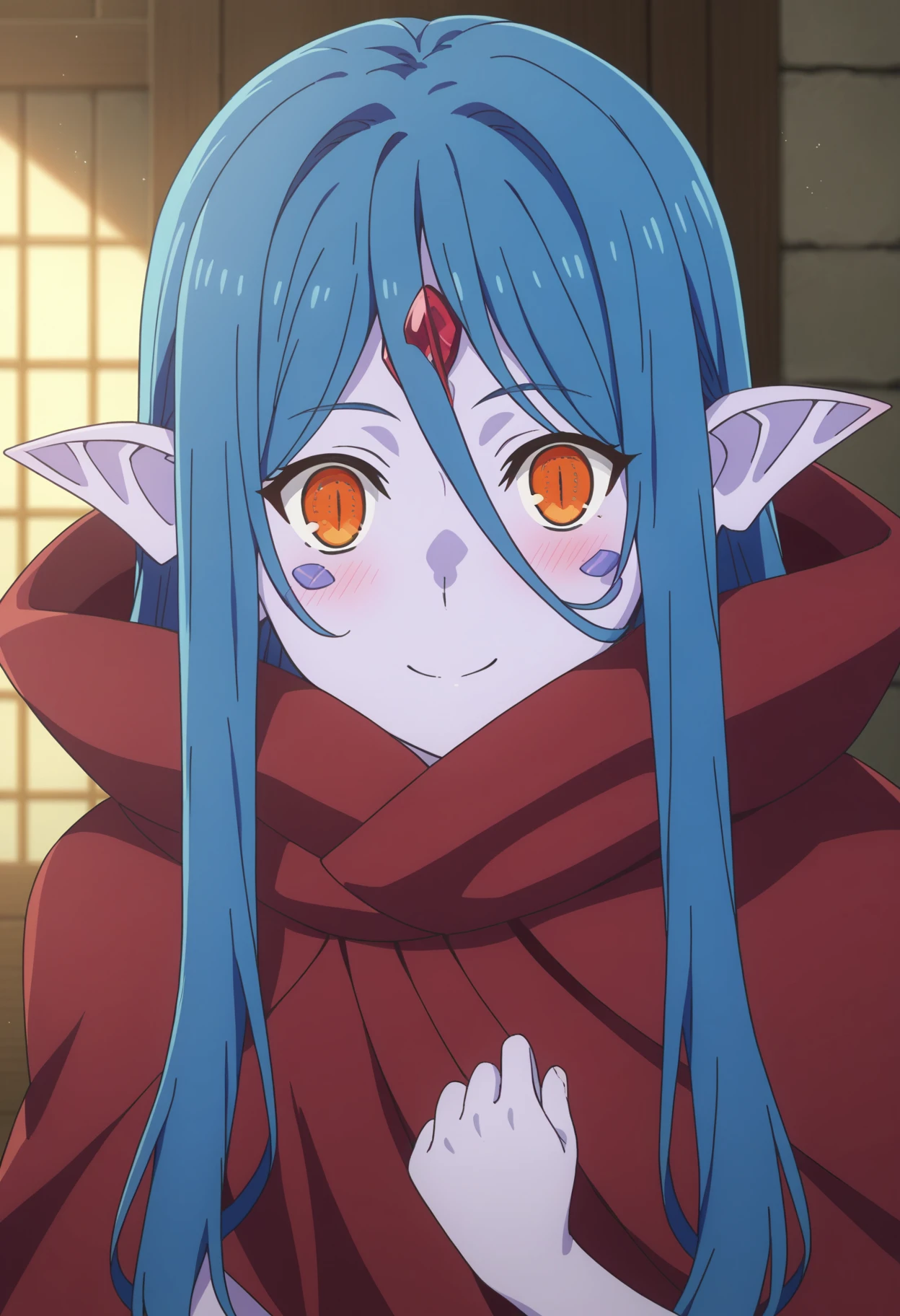 score_9, score_8_up, score_7_up, source_anime,
BREAK
1girl, solo, 
<lora:shiDanMemoWieneV1:1>, shiwieneredcloak, blue hair, orange eyes, slit pupils, colored skin, facial mark, pointy ears, hair between eyes, forehead jewel, 
red cloak, 
looking at viewer, smile, blush,