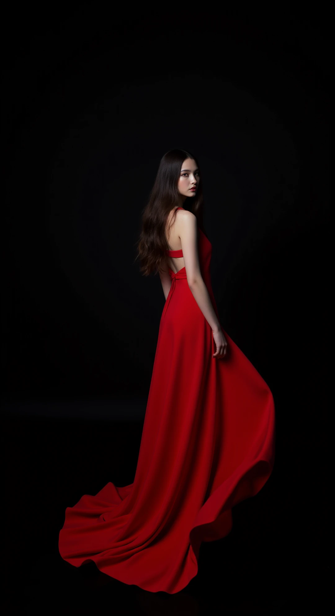 A photo of a young Chinese woman with long dark hair, wearing a flowing, floor-length red gown. She is posed in a minimalist studio with a deep black room and dramatic spotlighting. The camera captures her in a full-body shot, with her dress billowing around her, creating a dynamic