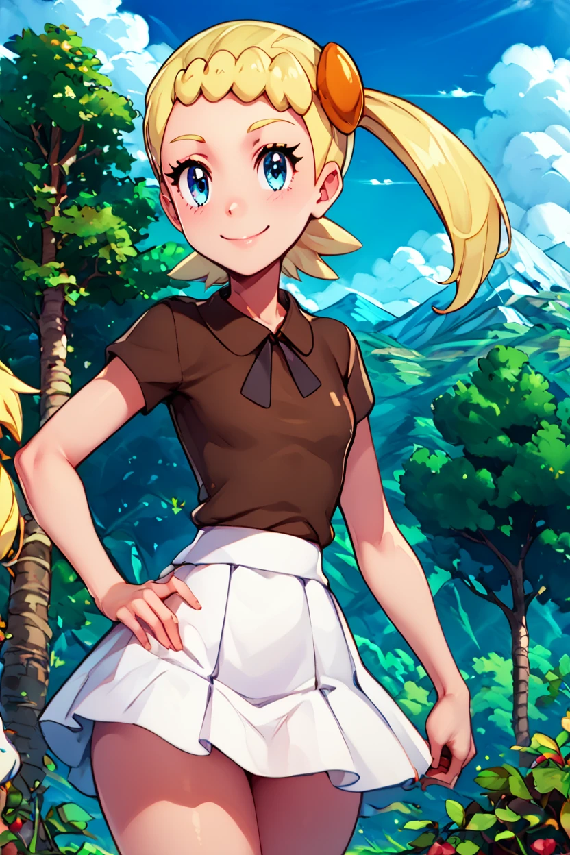 score_9, score_8_up, score_8, medium breasts, (curvy), cute, eyelashes,       ,,, , ,,, zzBonnie, blue eyes, blonde hair, hair ornament, short hair, side ponytail, brown shirt, white skirt, <lora:Bonnie_Pokemon_PDXL:1.0> ,,,, BREAK, looking at viewer, smile, outdoors, sky, day, cloud, tree, blue sky, mountain, cowboy shot, ,,, embedding:zPDXL, Expressiveh, ,,, <lora:Alola_Style_PDXL:0.8>, <lora:CatalystStylePDXL:0.8>, <lora:Expressive_H-000001:0.4>,