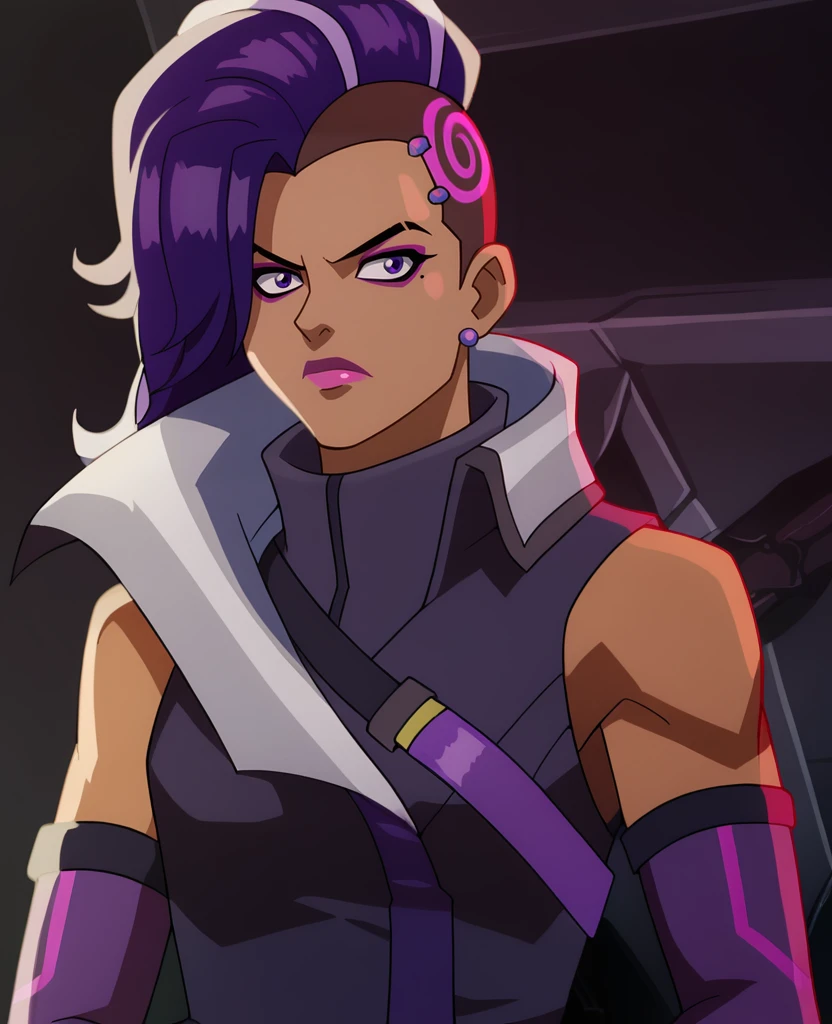 score_5_up, score_4_up,  <lora:Sombra_Animated_Series-000007:1> , sombra1, long hair, purple eyes, purple hair, multicolored hair, earrings, elbow gloves, dark-skinned female, mole under eye,  lipstick, eyeshadow, asymmetrical hair,undercut, high collar, bodysuit, collar, weapon, BREAK portrait, upper body, looking at viewer, closed mouth, expressionless,