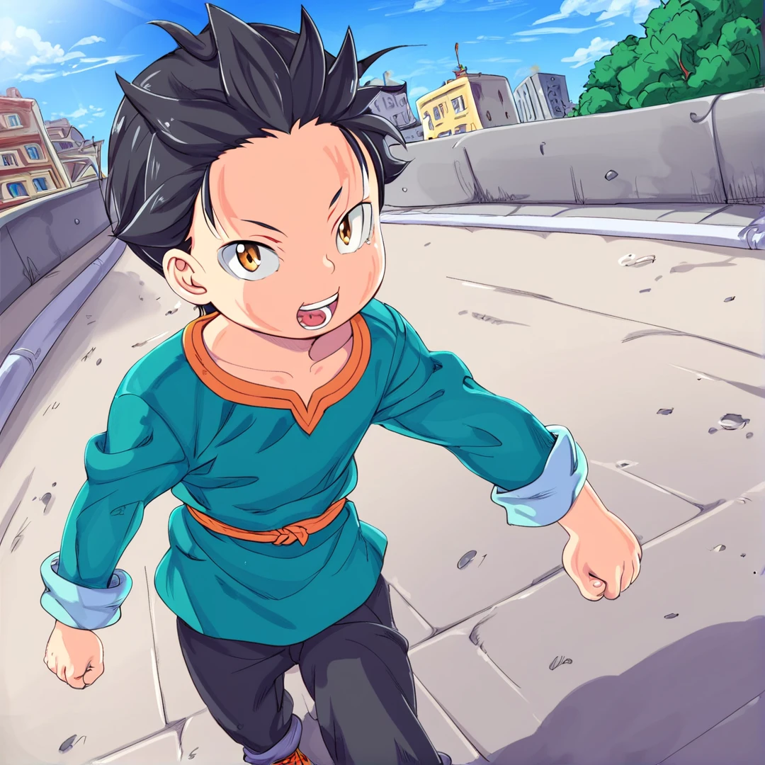 <lora:Natsuki Subaru:1>, subaru(child), is a child, wears an green shirt with rolled sleeves and a yellow collar, a yellow band serving as a makeshift belt, black jeans, solo, in a city, walking, looking at viewer