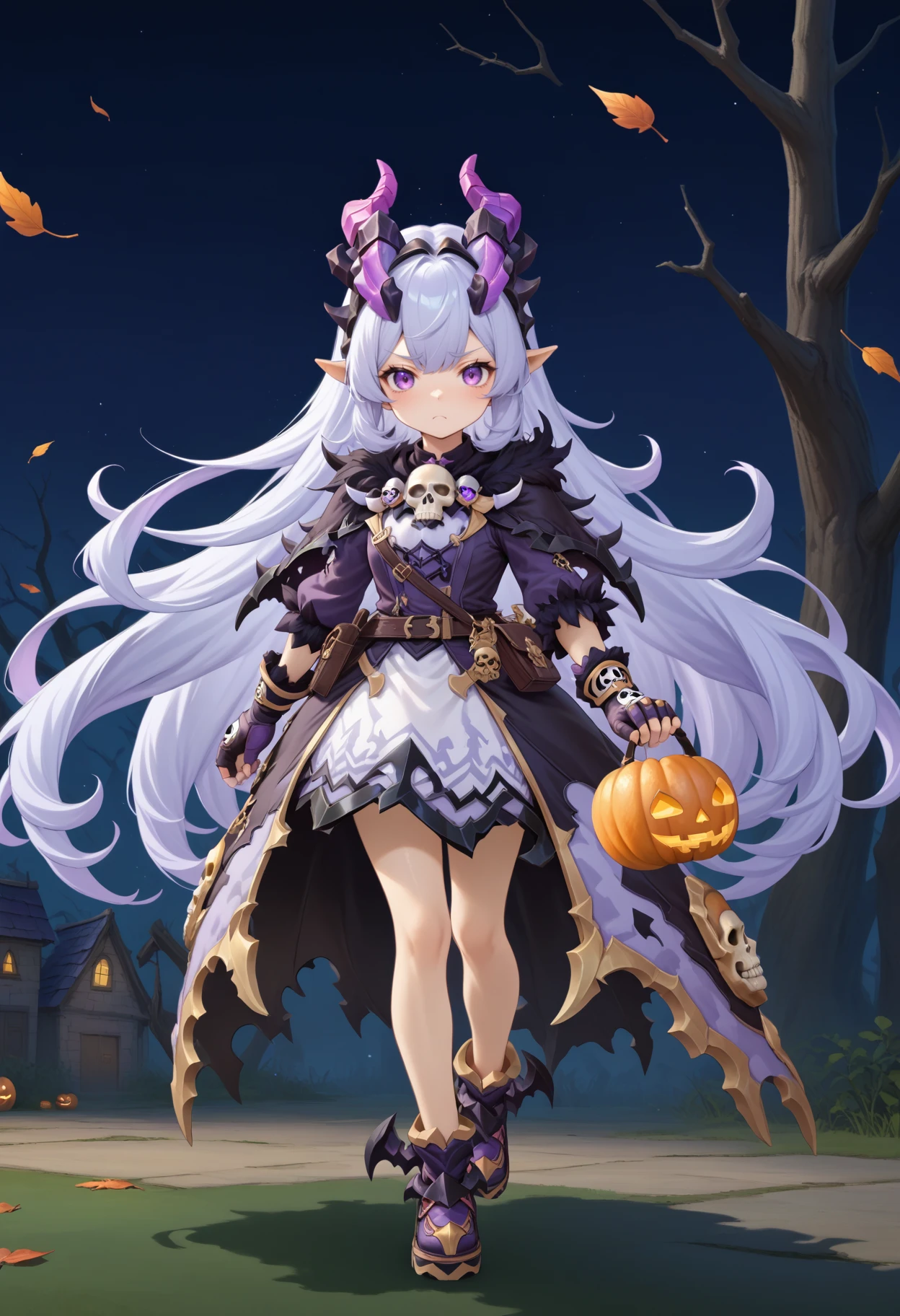 masterpiece, best quality, very aesthetic, absurdres, rom_hela_xl,
1girl, purple hair, horns, purple eyes, grumpy, skull on chest, purple dress, fingerless gloves, saddlebag, 
one hand on waist, full body, standing,
haunted house, withered trees, bats, halloween, pumpkin,
outdoors, (wind, falling withered leaves, light particles:1.4), light rays, tyndall effect, vivid colors, tranquil and magical atmosphere,
shiny skin, beautiful face, beautiful eyes, extreme detailed, official art, professional illustration, hires,
<lora:rom_hela_xl:1>, <lora:aesthetic_anime_v1s:0.5>, <lora:add_details_xl:0.5>