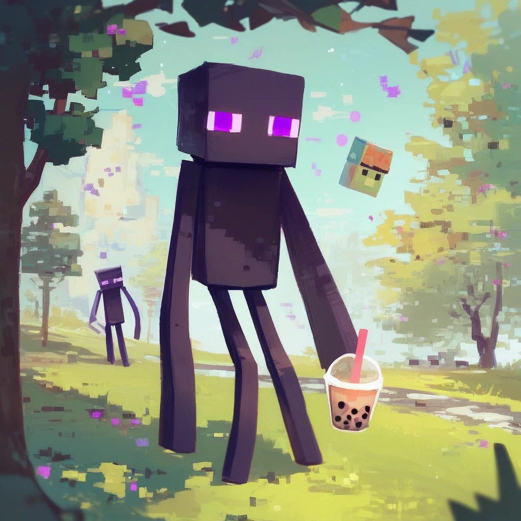 score_9_up, score_8_up, score_7_up, mikus-sona, black skin, purple eyes, square head, square body, tall, long legs, long arms, holding, bubble tea, park