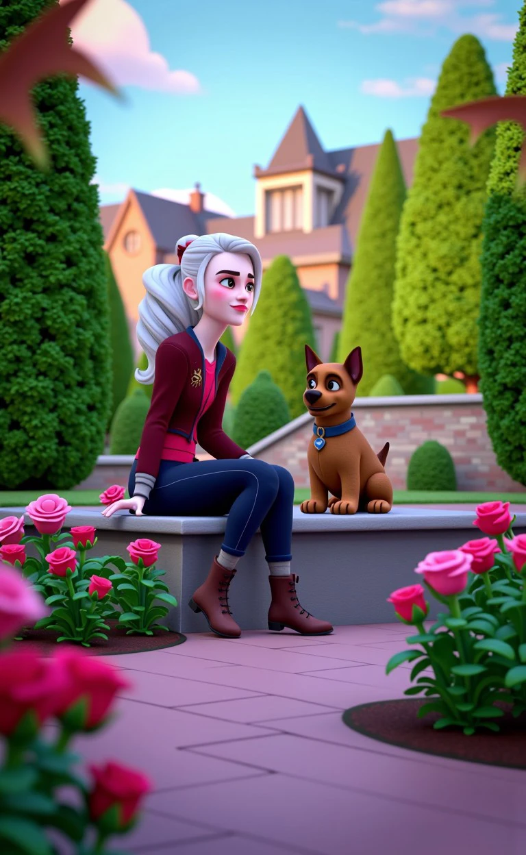 zorename style dog <lora:flux_halloween_s12_zombies_re_animated_zorename_style:0.9>, Halloween theme A woman sitting on a stone bench in a tranquil rose garden, the flowers in full bloom around her, with the soft light of the late afternoon casting a warm glow.