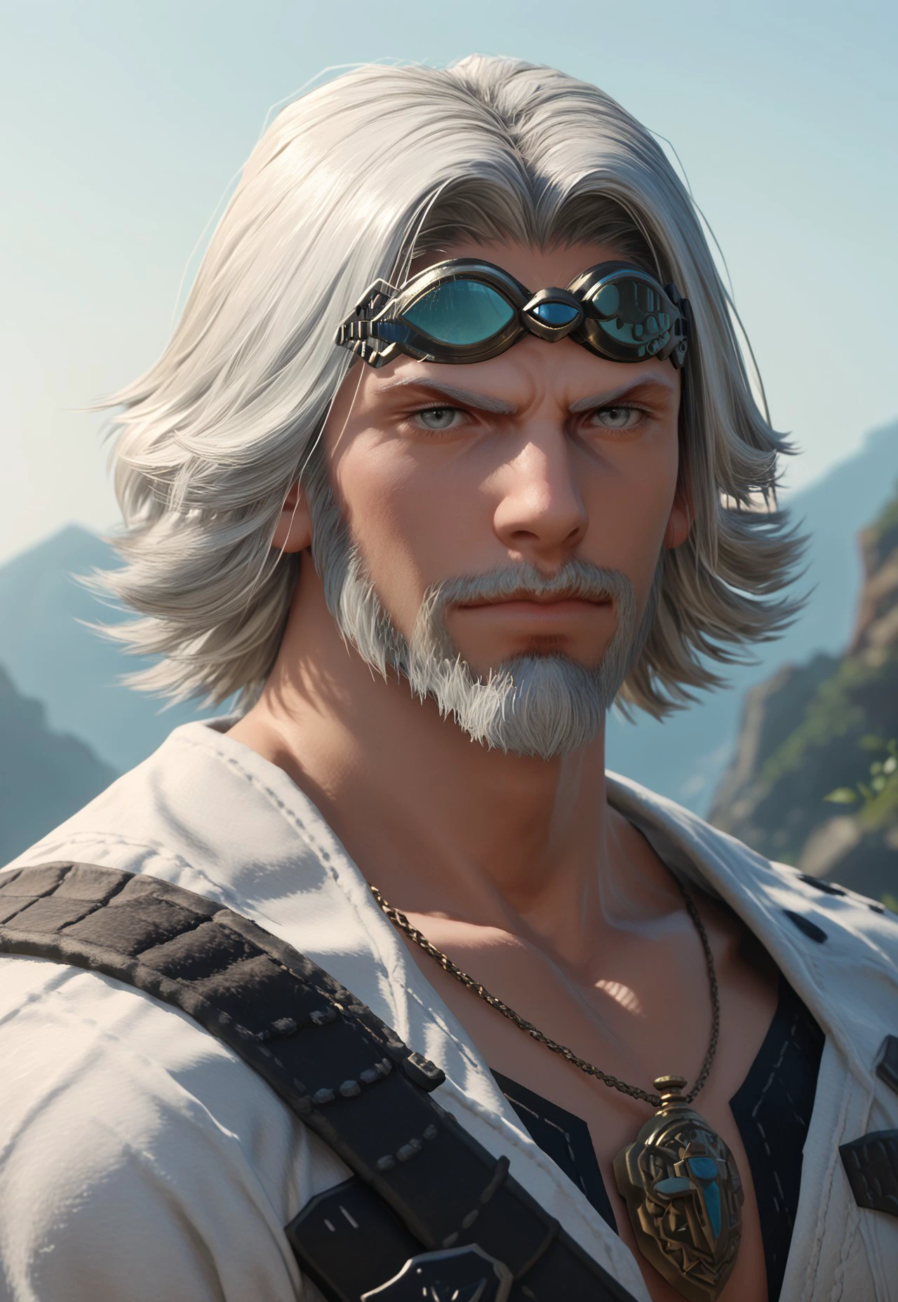 cid nan garlond, 1boy, male focus, grey eyes, facial hair, beard, solo, goggles, white hair, goggles on head, jewelry, mustache, necklace, upper body, sky, looking at viewer, outdoors, source_anime, score_9, score_8_up, score_7_up, score_6_up, score_5_up, score_5_up, score_4_up