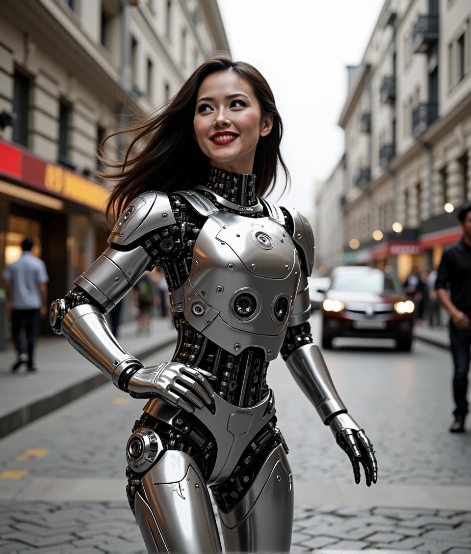 mechmetallic,a beautiful asian woman dancing pose on the street,smiling face