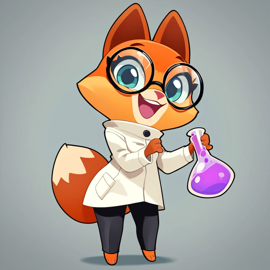 score_9, score_8_up, score_7_up, score_6_up, dr. fox, fox, round glasses,  cute, solo, 1girl, chibi, looking at viewer, standing, open smile, lab coat, black pants, on model, full body, (holding potion)