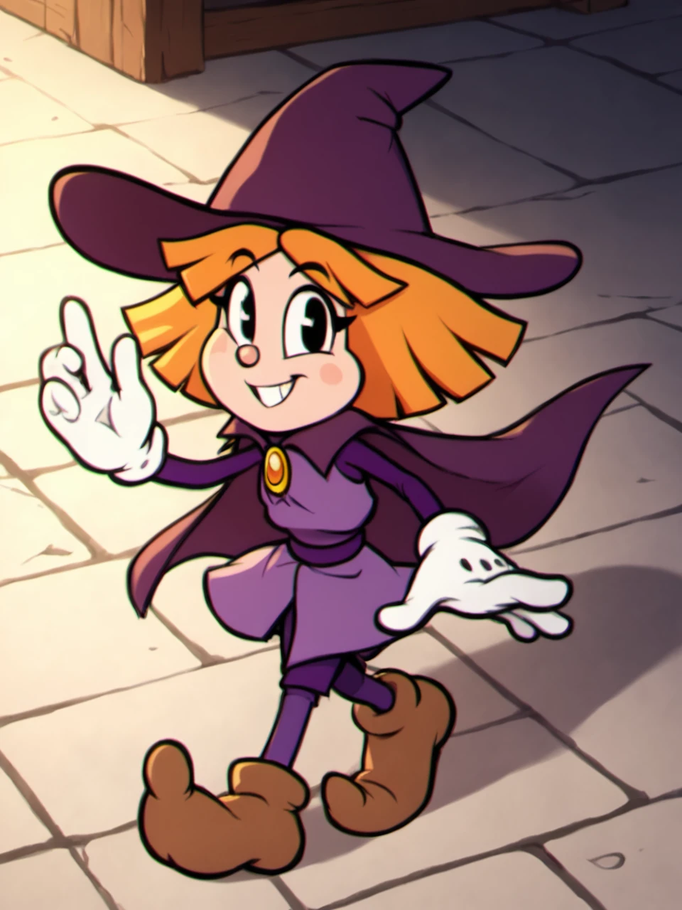 score_9, score_8_up, score_7_up,  score_6_up, BREAK, P3nny, 1girl, solo, orange hair, short hair, witch hat, purple hat, black eyes, purple dress, purple cape, purple pantyhose, white gloves, brown footwear, smile, looking at viewer,   <lora:Penny-000009:1>