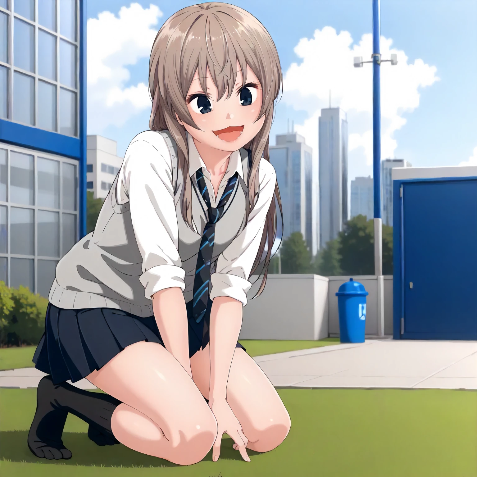 <lora:UnOMdDDMnK_ChiakiXLpony001>,
outdoors,
open mouth,smile,
solo,
Chiaki,1girl,light brown hair,long hair,indigo eyes,
school_uniform,loose tie,gray sweater vest,sleeves rolled up,
black skirt,pleated_skirt,miniskirt,
black socks,
kneeling,