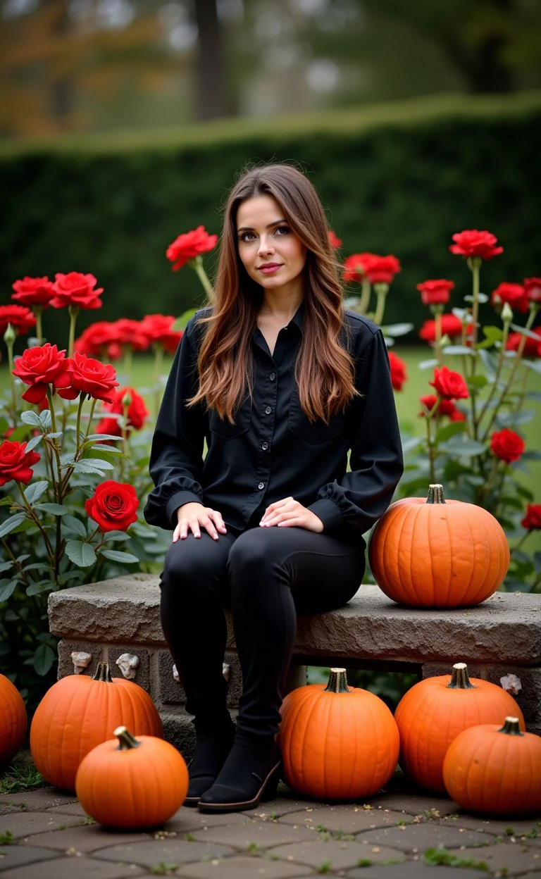 halciver style, pumpkins, dark. woman, pumpkins Halloween theme A woman sitting on a stone bench in a tranquil rose garden, the flowers in full bloom around her, with the soft light of the late afternoon casting a warm glow. 
<lora:flux_halloween_s07_creepy_enviornment_halciver_style:1.0>