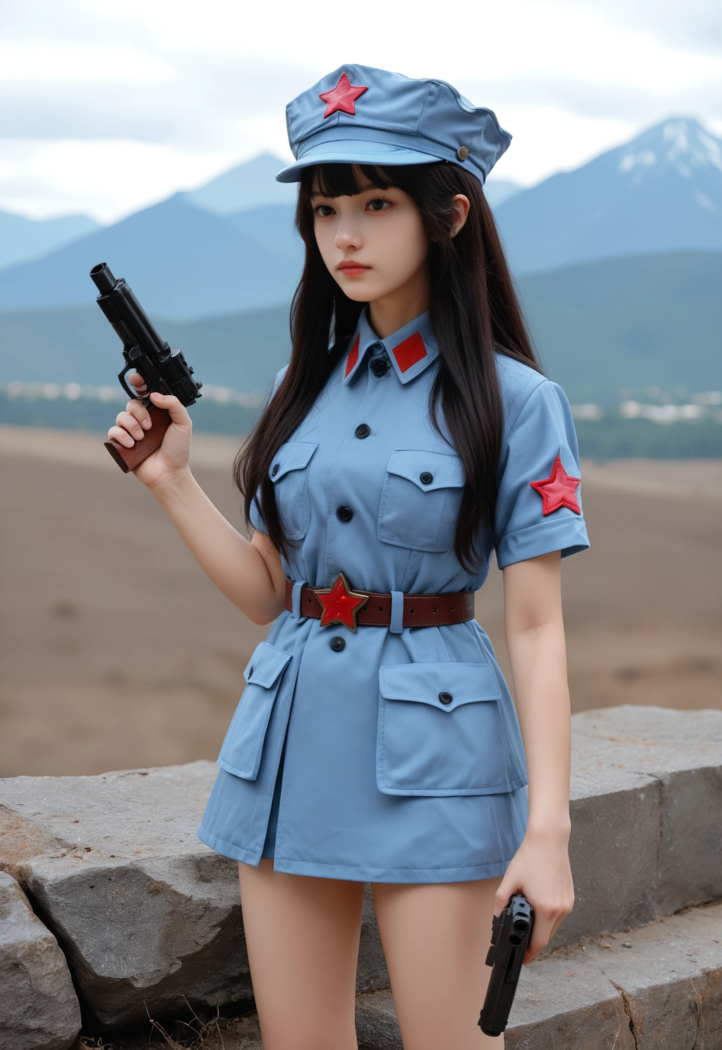 score_9,score_8_up,source_realistic,(1girl),holding gun,strait hair,long hair,bangs,<lora:RedArmy_pony:0.8>,redarmy,military uniform,red collar badge,military cap,red star on cap,belt,shirt,ppsh-41,mountains,short sleeves,mini skirt,legs,