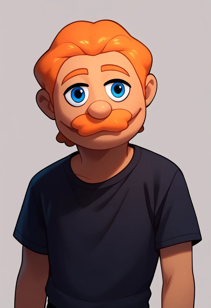 Brooklyn_guy_V2, solo, blue eyes, shirt, 1boy, upper body, male focus, short sleeves, black shirt, orange mustache, orange hair, semi dark skin