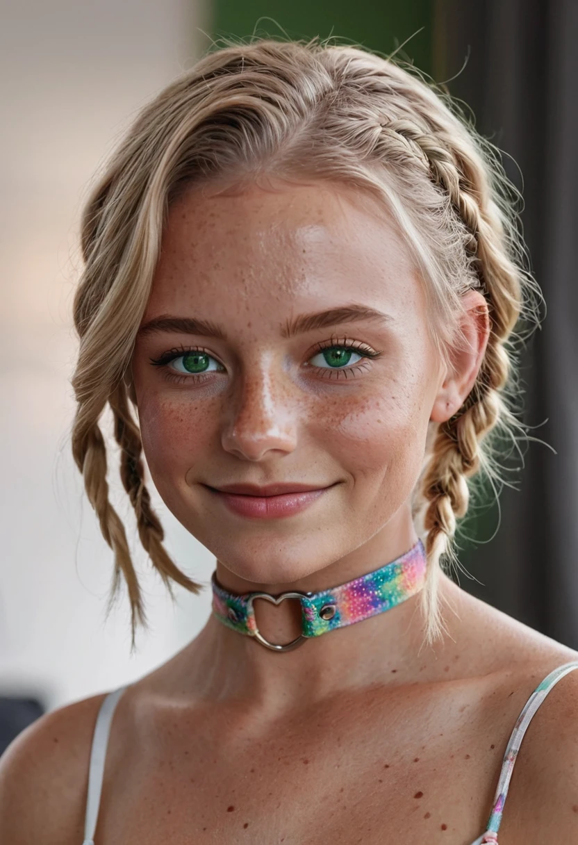 portrait of sexy european woman, blond hair, green eyes, freckles, smiling, sharp edges bob haircut, braids, gloss shine,  blush, skin texture, living room, standing,  detailed face, Porta 160 color, shot on ARRI ALEXA 65, bokeh, sharp focus on subject, shot by Don McCullin, High Resolution, 4K nsfw,  <lora:Heart_Choker:1>, choker