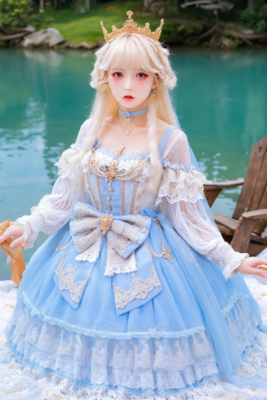 (masterpiece, best quality:1.2),illustration,8k,anime, hd,1 girl,very long hair,solo,blonde hair, (collarbone:1.2),looking at viewer,
cshy,jewelry,dress,long sleeves,hair ornament,earrings,necklace,lace,tiara,choker,bow,lace-trimmed dress,<lora:cshy_FLUX:0.85>
((cleavage)),large breasts,outdoors,(lake:1.5),extremely detailed dress,crystalstexture skin,front view,