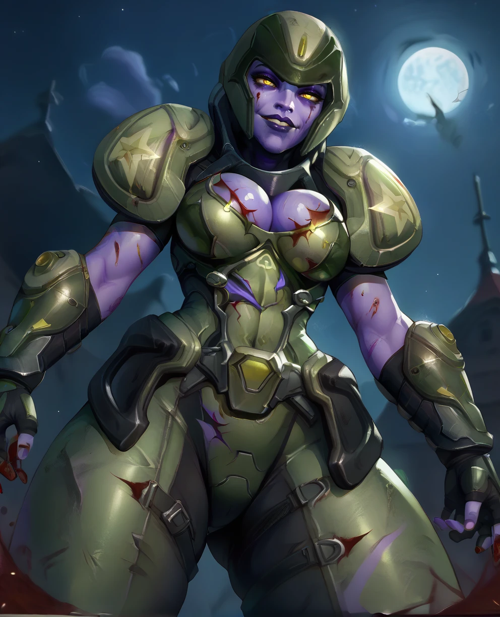 score_9,score_8_up,score_7_up,
galileaxl,yellow eyes,purple skin,helmet,damaged armor,blood,smug,cleavage,
green bodysuit,armor,
standing,
solo,from below,
night,battlefield,
<lora:Galileaxl:0.9>,