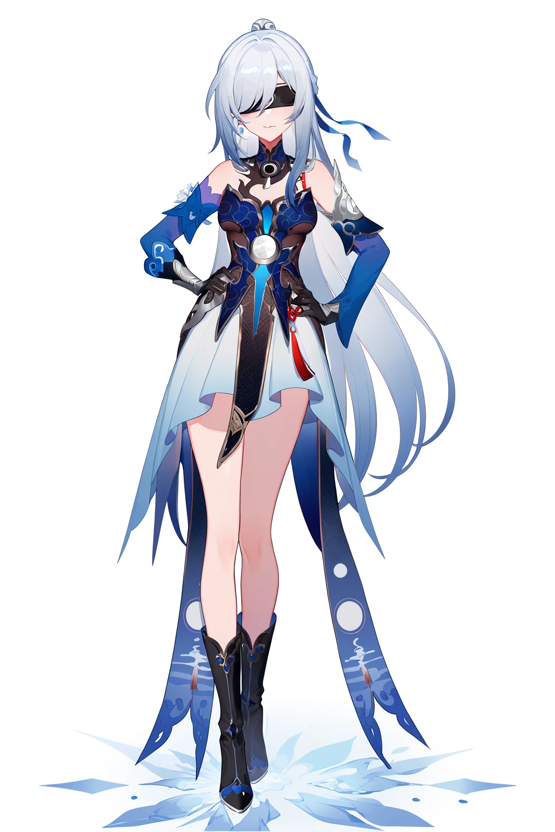 8k, best quality, masterpiece, (ultra-detailed), (high detailed skin), (by nanoless, by misumi \(macaroni\):0.25),
full body, full shot, standing, looking at viewer, (solo:1.2), simple background, white background, hand on own hip, solo,
<lora:jingliu-atw2-Tanger:0.7>, jinliu, default clothes, silver hair, blue and white chinese dress,Blindfold with crescent marking, 1girl, eyepatch, long hair, boots, black gloves, bangs, bare shoulders, ponytail, black footwear,
A full-body portrait of a young girl, standing gracefully, pastel art style, high-key lighting, shoujo manga influence, hd quality, delicate details,