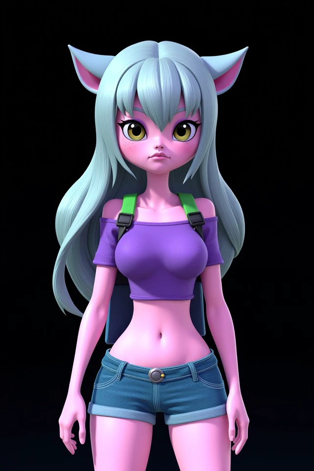 monicut style Finn the Human \(Adventure Time\) - Boy adventurer with a white bear hat, green backpack, and a passion for heroism., sinister (samdoesart style:1.2), ([Freya|Elena|Rose]:0.9), sexy young woman, illustration, masterpiece, highres, medium body, grey hair hair, fit, athletic, wearing denim shorts, wearing vinyl toxic Violet top, cleavage, shining satin crop top, curvy body, black background, , [(colorful explosion psychedelic toxic neon paint colors:1.2)::0.50], BREAK, (closeup shot:1.2), (extreme closeup portrait:1.2), portrait shot, eyes focus, dramatic lighting, hyper realistic, looking at viewer, naughty smile, navel out, hyper realistic lifelike texture, best quality, ultra high res, photo realistic, simple background, 
<lora:halloween_s05_monsters_inc_monicut_style:0.95>