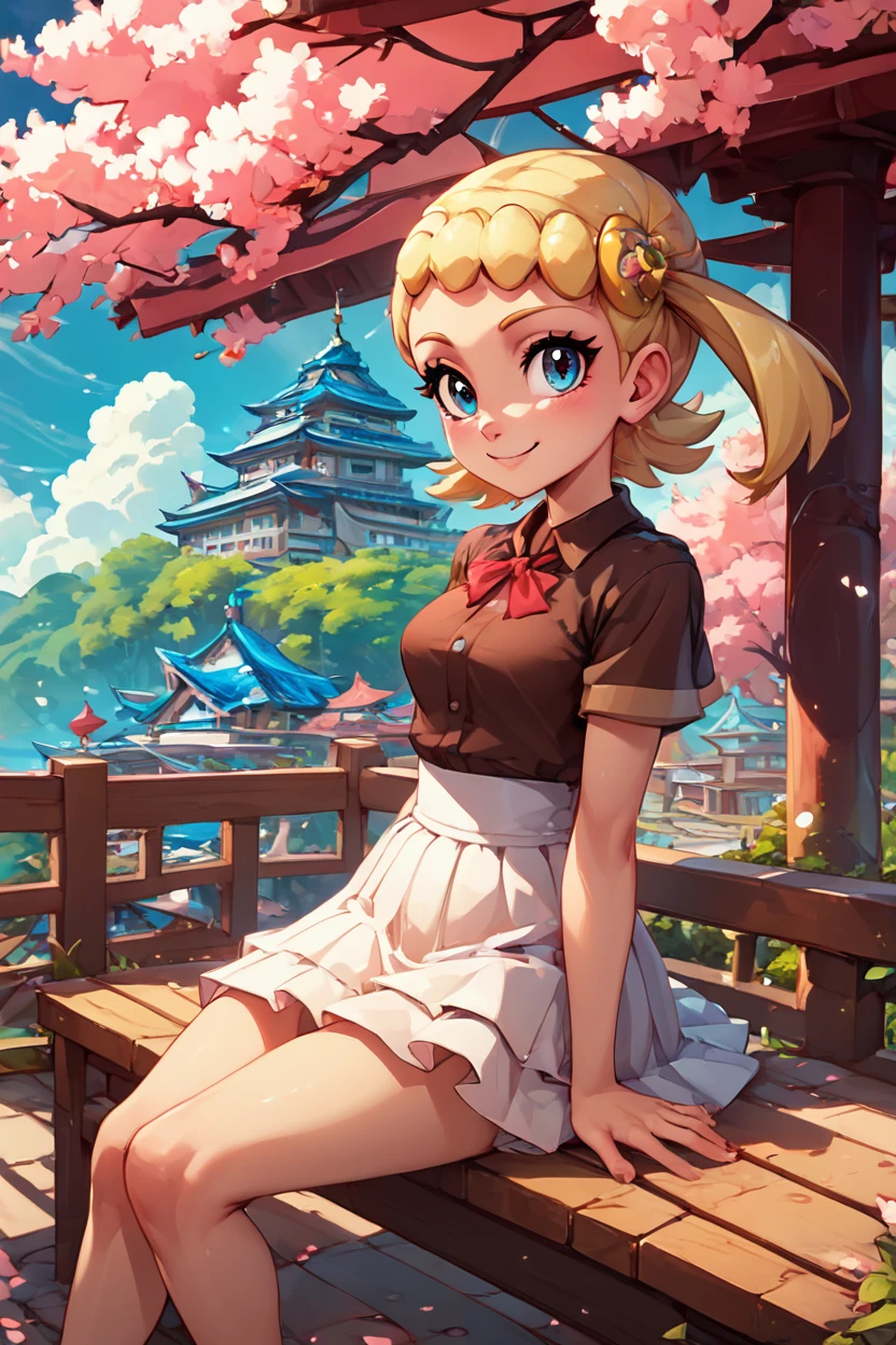 score_9, score_8_up, score_8, medium breasts, (curvy), cute, eyelashes,       ,,, , ,,, zzBonnie, blue eyes, blonde hair, hair ornament, short hair, side ponytail, brown shirt, white skirt, <lora:Bonnie_Pokemon_PDXL:1.0> ,,,, BREAK, sitting on bench, side view, smile, looking at viewer, cowboy shot,  ,,, BREAK, pnkBldng, sky, day, cloud, tree, blue sky, building, architecture, east asian architecture,  ,,, BREAK, embedding:zPDXL, Expressiveh,  ,,, <lora:PinkBuildingsPDXL_v2:0.6>, <lora:SDXLFaeTastic2400:0.5>, <lora:Expressive_H-000001:0.4>