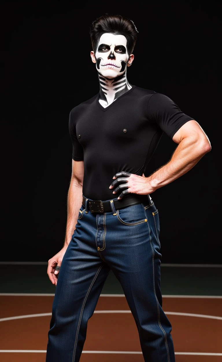 skalchur makeup, closeup Johnny Bravo - Muscular, Elvis-lookalike with a black shirt and blue jeans, known for his lack of intelligence and unsuccessful flirting attempts., dark Inner-city basketball court and evening  
<lora:flux_halloween_s08_skeleton_skalchur_makeup:1.0>