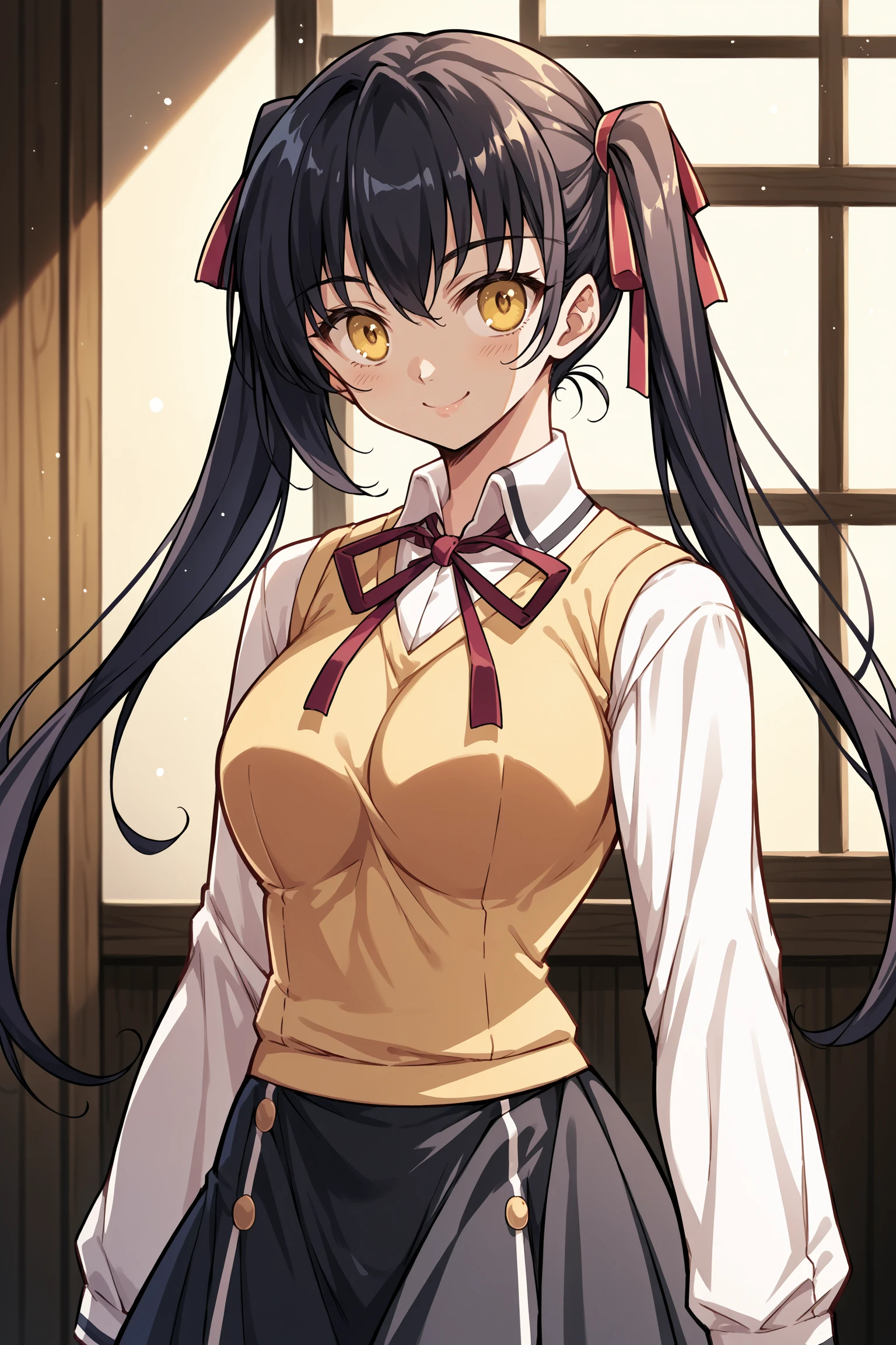 score_9, score_8_up, score_7_up, , rating_general ,1girl ,yellow eyes, twintails, hair red ribbon, neck red ribbon, white clothes, yellow sweater vest, long sleeves, black skirt,  indoors, source_anime,  <lora:ManaMinazukiPDCAMEq1v1 JK Koukan ~Soko no Anata:1>, cowboy shot, abstract, spotlight, smile