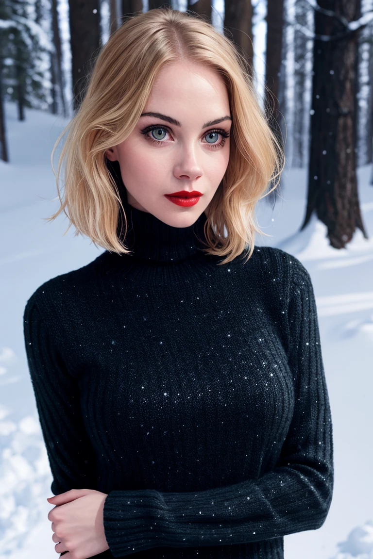 chrisapple-320,  ((detailed eyes, detailed face, masterpiece, best quality, high resolution):1.2),  ((red lipstick, blush)), ((fully clothed, modest)), , ((blonde hair)), ((modest, conservative, fully clothed):1.2) ((detailed eyes, detailed face)), (red lipstick, eye shadow, eyeliner), slight smile, , a photo of a woman, turtleneck sweater dress, outdoors, forest, snow