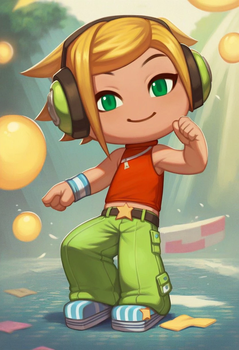 score_9_up, score_8_up. score_7_up, score_6_up, 1girl, solo, DJCandy_MySims, chibi, short blonde hair, green eyes, smile, headphones, sleeveless red top, baggy green pants, belt, wristband, striped footwear, adult, (painted art), (at a disco)