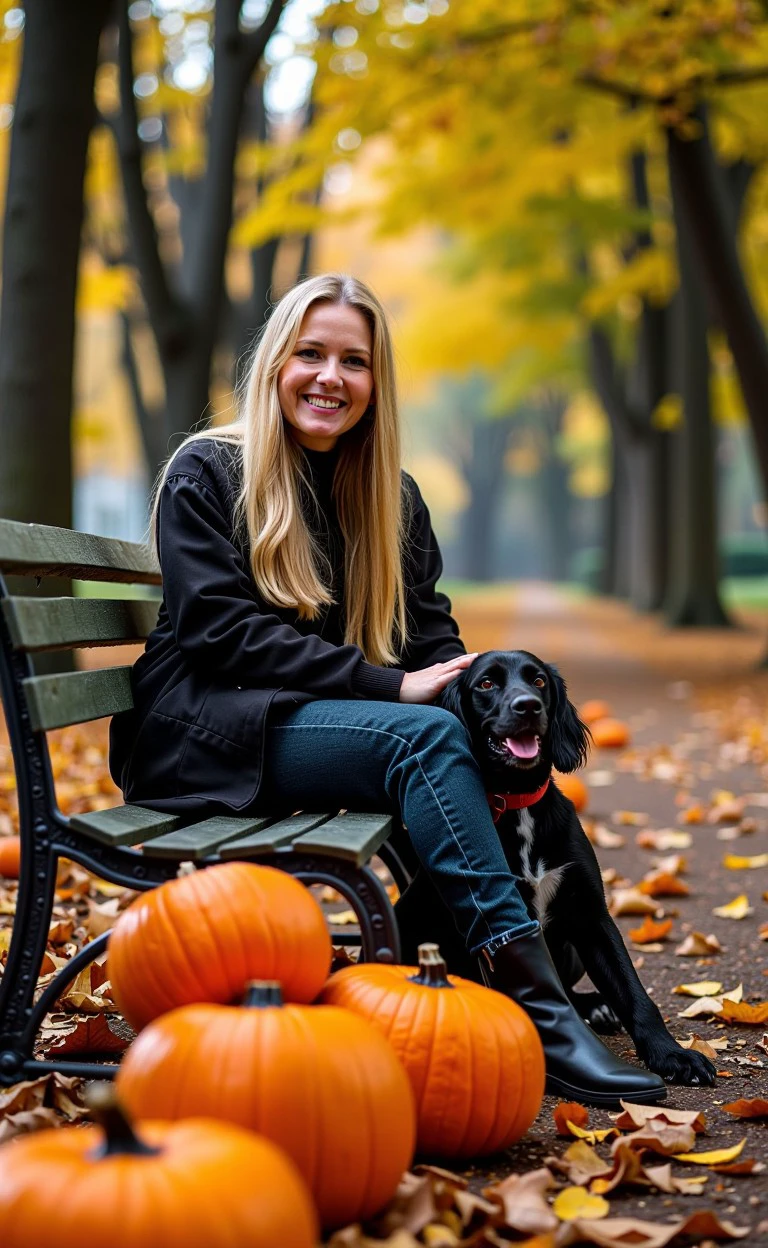 halciver style, pumpkins, dark. dog, pumpkins Halloween theme A woman sitting on a park bench in autumn, surrounded by fallen leaves, with soft golden light filtering through the trees and a peaceful smile on her face. 
<lora:flux_halloween_s07_creepy_enviornment_halciver_style:1.2>