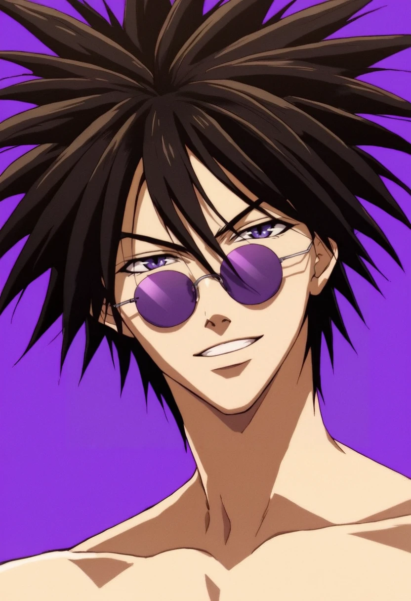 (masterpiece), (best quality), score_9, score_8_up, score_7_up, (masterpiece:1.2), (best quality:1.3), 1boy,  <lora:Ban_Midou_GetBackers-000005:0.8> banm_gbrs, sunglasses, spiked hair, violet aura, looking at viewer, portrait, simple background, masterful composition, dynamic movement