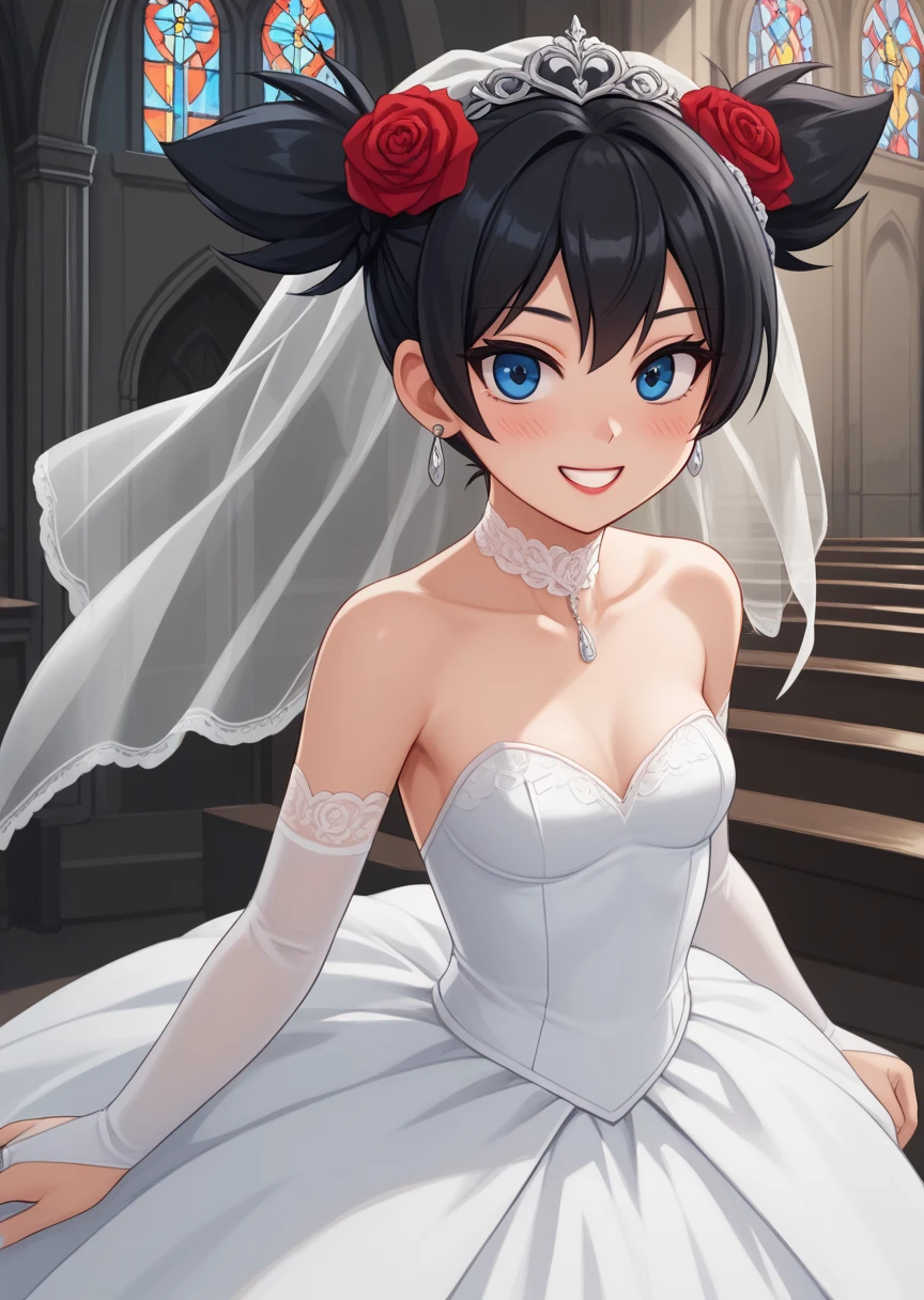 score_9, score_8_up, score_7_up, score_6_up, score_5_up, BREAK
Kurum1Nu1, Human, female, 1girl, solo, blush, blue eyes, black hair, hair ornament, dress, twintails, jewelry, flower, earrings, choker, (one hair flower), wedding dress, wedding veil, red rose, short twintails, bridal gauntlets, grin, smile, lipstick, makeup, church, indoors