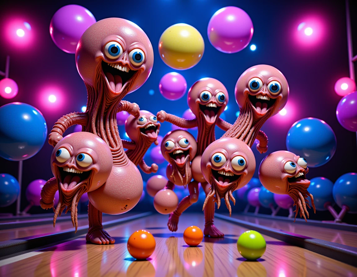 disco-themed The old gods go bowling using severed heads as bowling balls.  . vibrant, groovy, retro 70s style, shiny disco balls, neon lights, dance floor, highly detailed