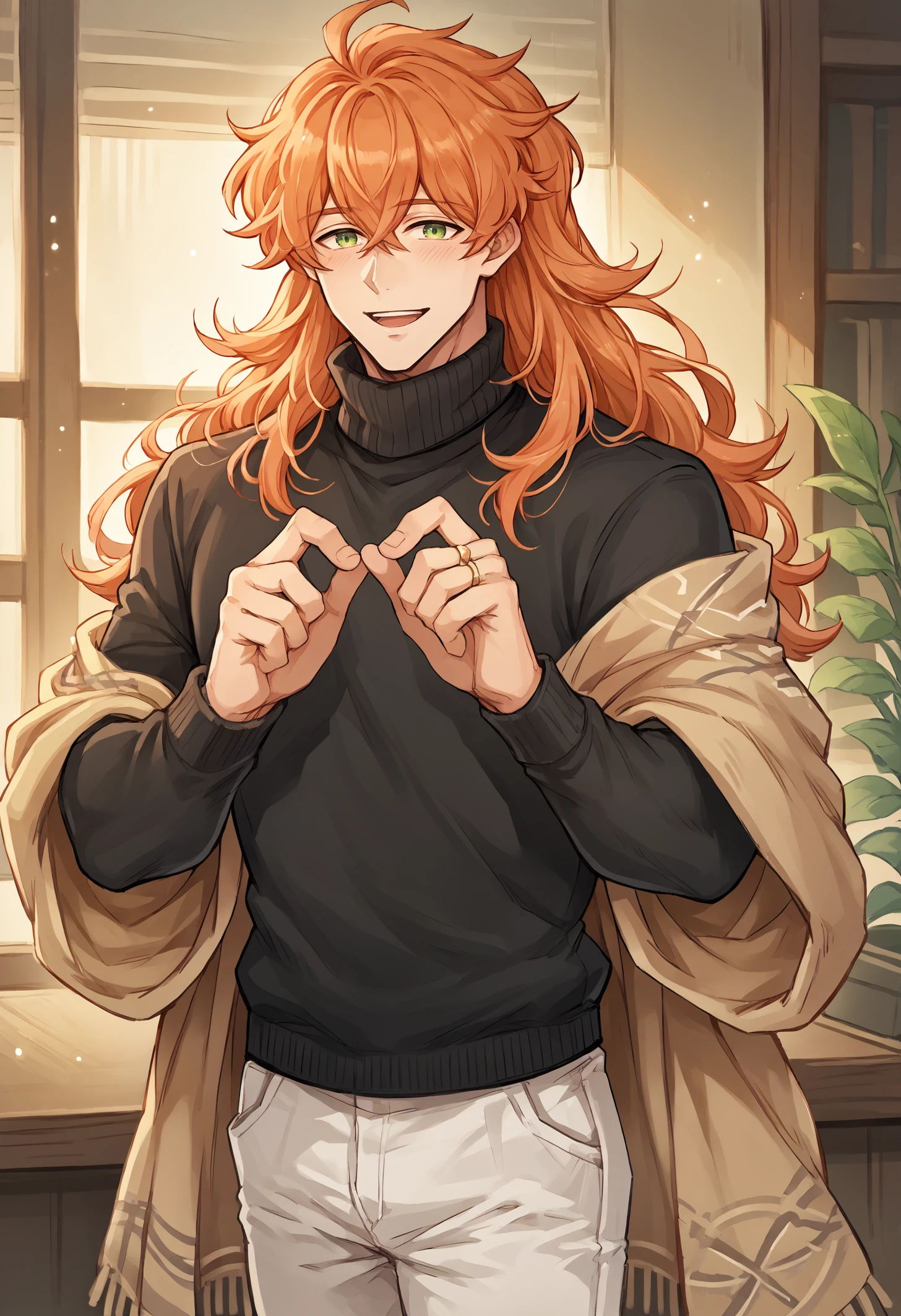 score_9, score_8_up,score_7_up, source_anime, solo, 
rmnhks, 1boy, male focus, long hair, green eyes, orange hair, long sleeves, brown sweater, open mouth, smile, looking at viewer, ring, white pants, jewelry, turtleneck sweater, blush, shawl, black sweater, indoors, turtleneck
<lora:rmnhks_pdxl_EliPot:1>