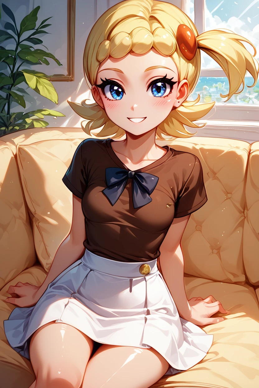 score_9, score_8_up, score_8, medium breasts, (curvy), cute, eyelashes,       ,,, , ,,, zzBonnie, blue eyes, blonde hair, hair ornament, short hair, side ponytail, brown shirt, white skirt, <lora:Bonnie_Pokemon_PDXL:1.0> ,,,, BREAK, ,,, smile, looking at viewer, blush, blurry, couch, sitting, ,,, shiny skin, <lora:ProAnime_PDXL_v1:0.7>, ,,, embedding:zPDXL, Expressiveh, <lora:SDXLFaeTastic2400:0.5>, <lora:Expressive_H-000001:0.4>,