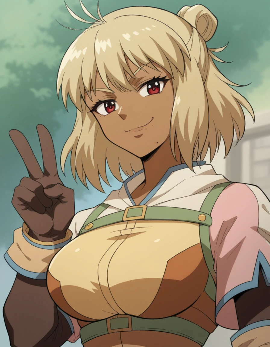 score_9, score_8_up, score_7_up, source_anime, <lora:ragnarok-judia-s1-ponyxl-lora-nochekaiser:1>, ragnarok judia, short hair, bangs, blonde hair, red eyes, dark skin, hair bun, dark-skinned female, antenna hair, mole, mole under mouth, large breasts,, gloves, long sleeves, dress, bag, cropped jacket, pink jacket,, bookstore, browsing shelves, new book smell, finding a favorite, quiet atmosphere, smile, v, v over mouth, smug,, looking at viewer, solo,, dutch angle, cowboy shot