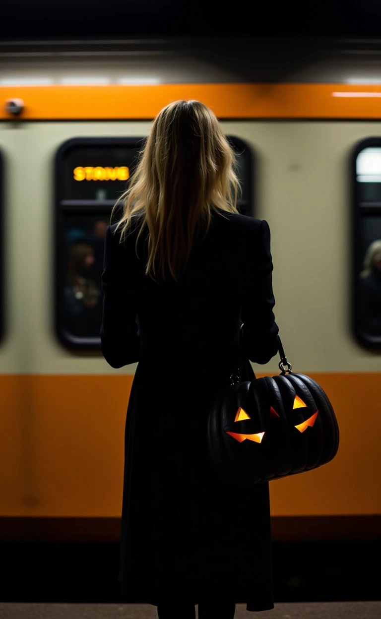 halciver style, pumpkins, dark. woman, pumpkins sinister Busy train station and commuters  
<lora:flux_halloween_s07_creepy_enviornment_halciver_style:1.0>