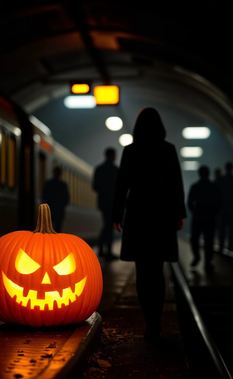 halcriply style, pumpkins, dark. woman, pumpkins spooky Busy train station and commuters  
<lora:flux_halloween_s06_creepy_pumpkins_halcriply_style:1.2>