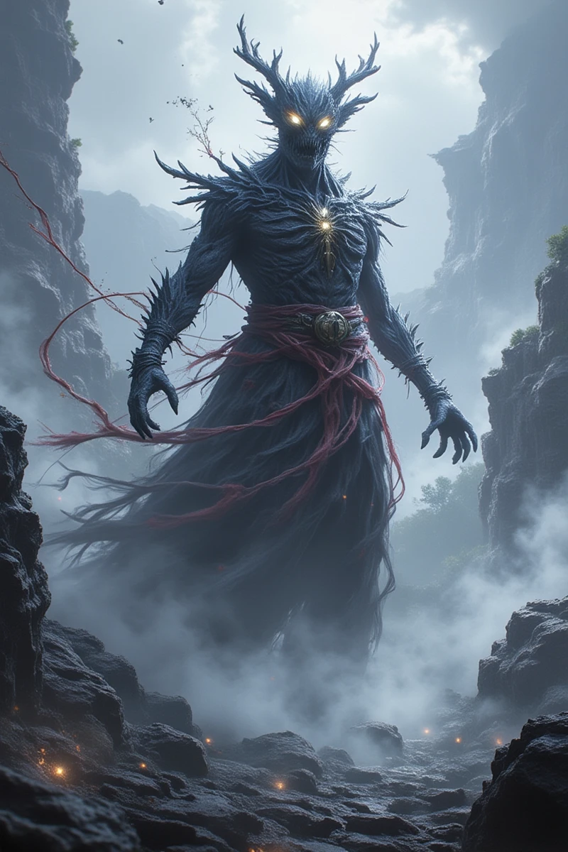 cg,A Evil Chinese Zombie with bells and red ropes wrapped around it and a demonic aura in its richness, located in the middle of the mountain, with rocks and fog in front of it, in the style of Anne Bachelier and in the style of Mario Sanchez-Nevado. Nevado