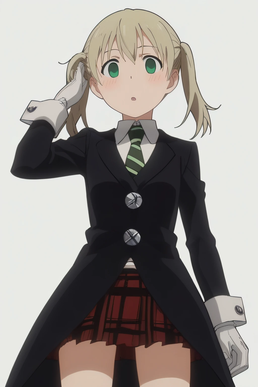 score_9, score_8_up, score_7_up, source_anime, rating_safe, intricate details, anime screencap, official style, 1girl, solo, <lora:Maka_Albarn:1>, maka, empty eyes, green eyes, twintails, default costume, green necktie, black trench coat, white gloves, red miniskirt, plaid skirt, thighs, looking at viewer, simple background, cowboy shot, mature, from below, parted lips, hand on hair, blush, surprised