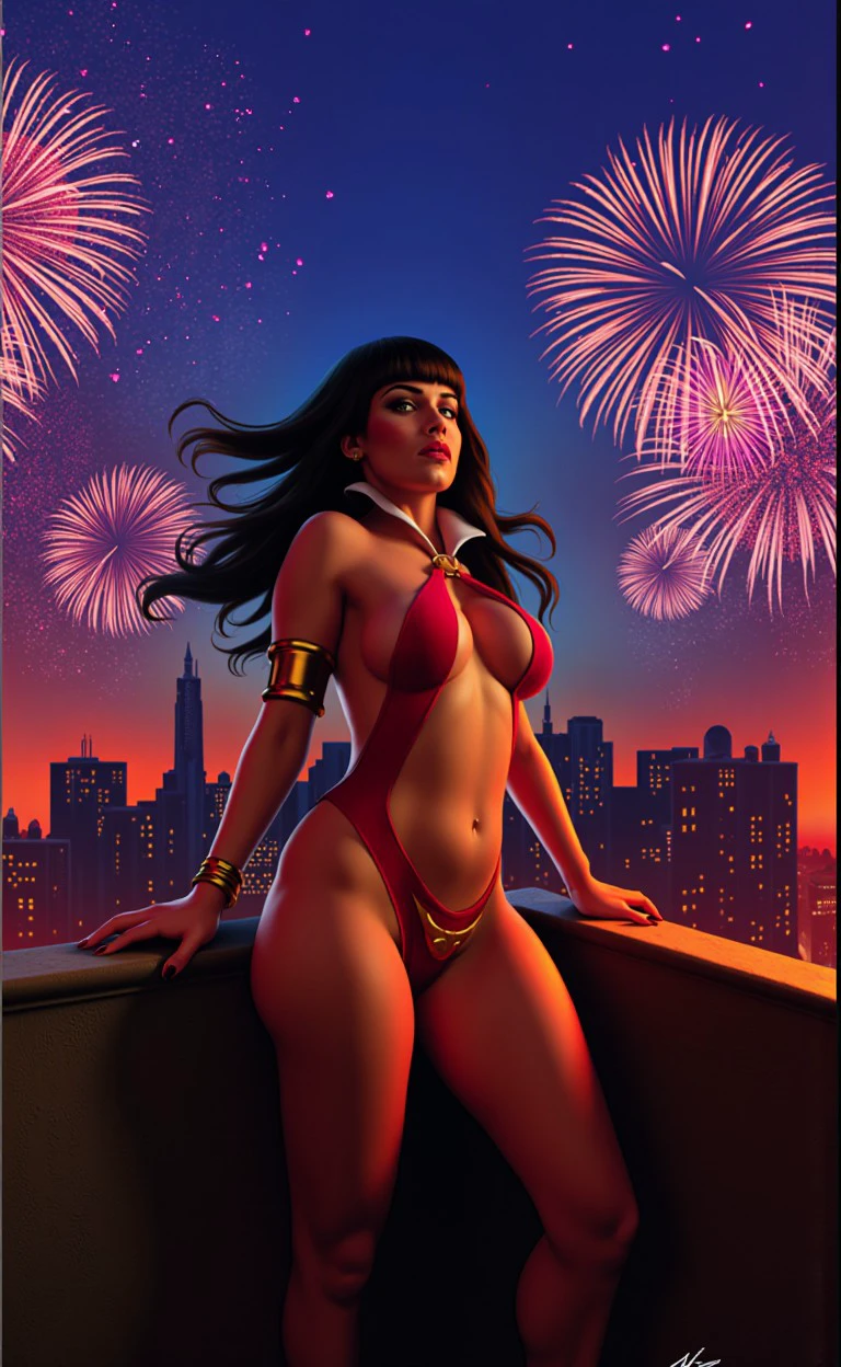 viperala woman <lora:flux_halloween_s11_vampirella_viperala_woman:1.0>, 3D VR painting, sinister Big city rooftop and New Year's Eve fireworks