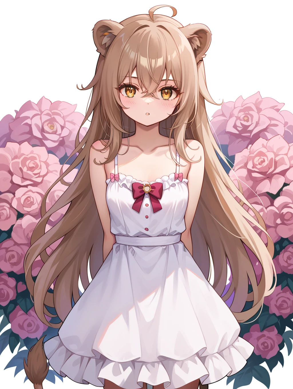 score_9, score_8_up, score_7_up,source_anime, <lora:style023:0.8>
1girl, yellow eyes, very long hair, long hair, standing, small breasts, sleeveless dress, sidelocks, white dress, bare shoulders, animal ear fluff, tail, lion girl, lion ears, looking at viewer, amazing quality \(cosplay\), cosplay, blush, ahoge, parted lips, light blush, dress, sundress, arms behind back, breasts, sleeveless, straight-on, white background, animal ears, cowboy shot, crossed bangs, lion tail, light brown hair, collarbone, virtual youtuber, she is wearing a white dress with a ruffled neckline and short sleeves. the dress has a high neckline with a bow at the waist. the girl is standing in front of a white background with pink flowers scattered around her. she has a serious expression on her face and is looking