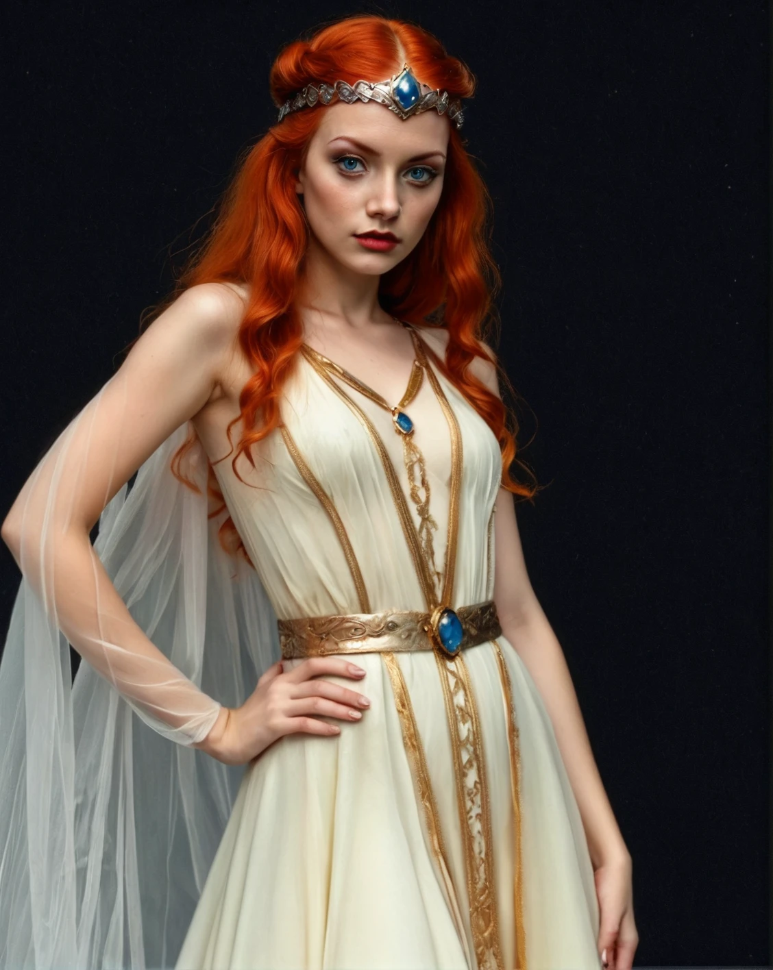 RedHeadFairyQueen, blue eyes, dress, transparent, hand on hip, simple black background, looking at viewer
 <lora:RedHeadFairyQueen-000006:0.6>