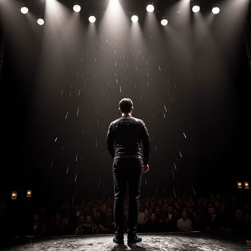 man on stage at an elegant gala covered in black paint raining down from the ceiling