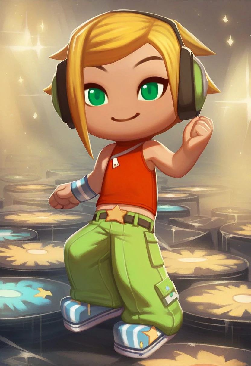 score_9_up, score_8_up. score_7_up, score_6_up, 1girl, solo, DJCandy_MySims, chibi, short blonde hair, green eyes, smile, headphones, sleeveless red top, baggy green pants, belt, wristband, striped footwear, adult, (painted art), (at a disco)