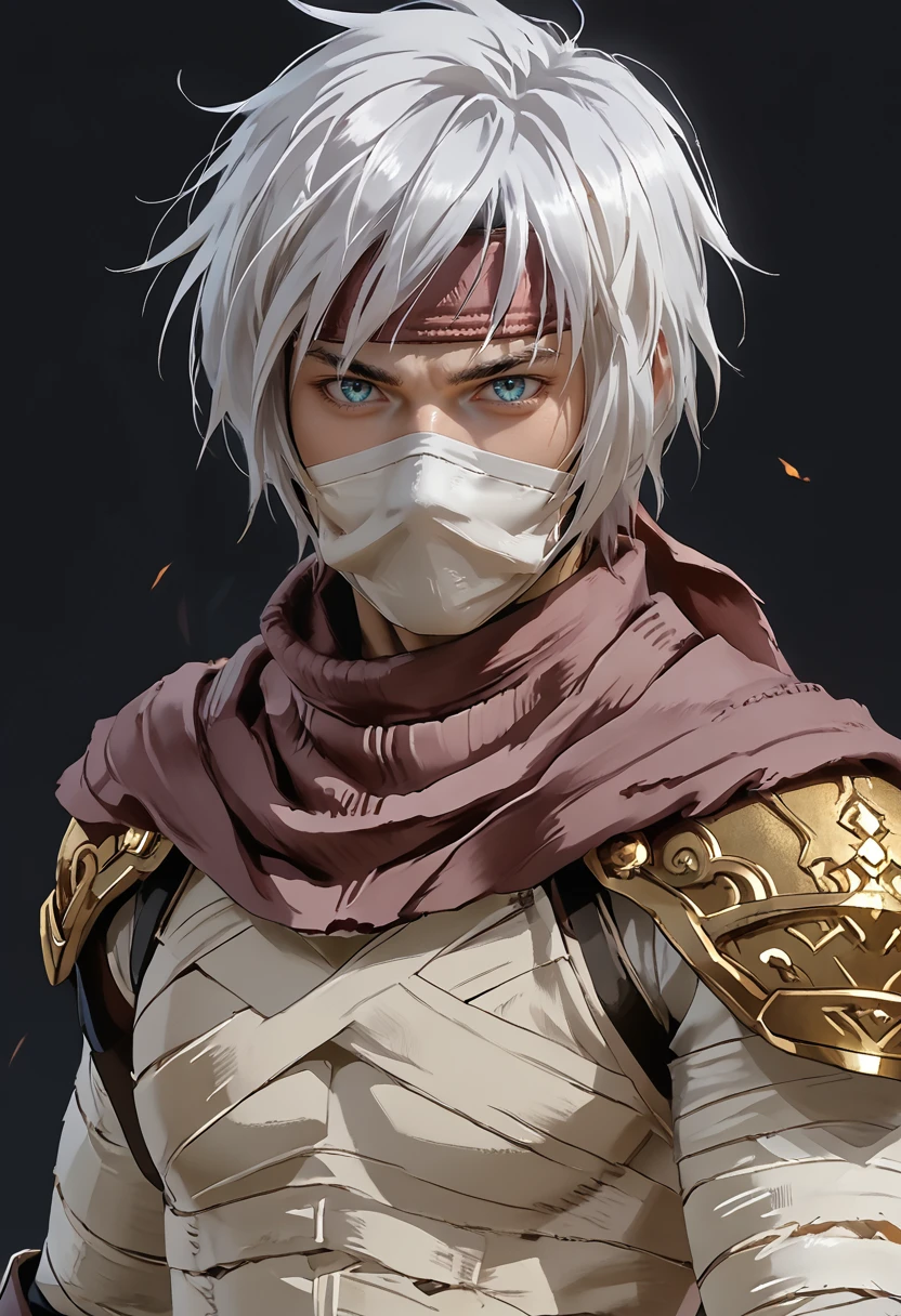 (masterpiece), (best quality), source_anime, score_9, score_8_up, score_7_up, (masterpiece:1.2), (best quality:1.3), 1boy  <lora:Iruga_Alam_Ragnarok:0.8> iruga_rota, white hair, scarf, mask, headband, simple background, bandages, upper body, weapon, fighting stance <lora:Anime Style (Vauxz) PONY:0.8>, low-key lighting, lo-fi, glow, dynamic cinematic lighting, ray_tracing, global illumination, masterful composition, dynamic movement