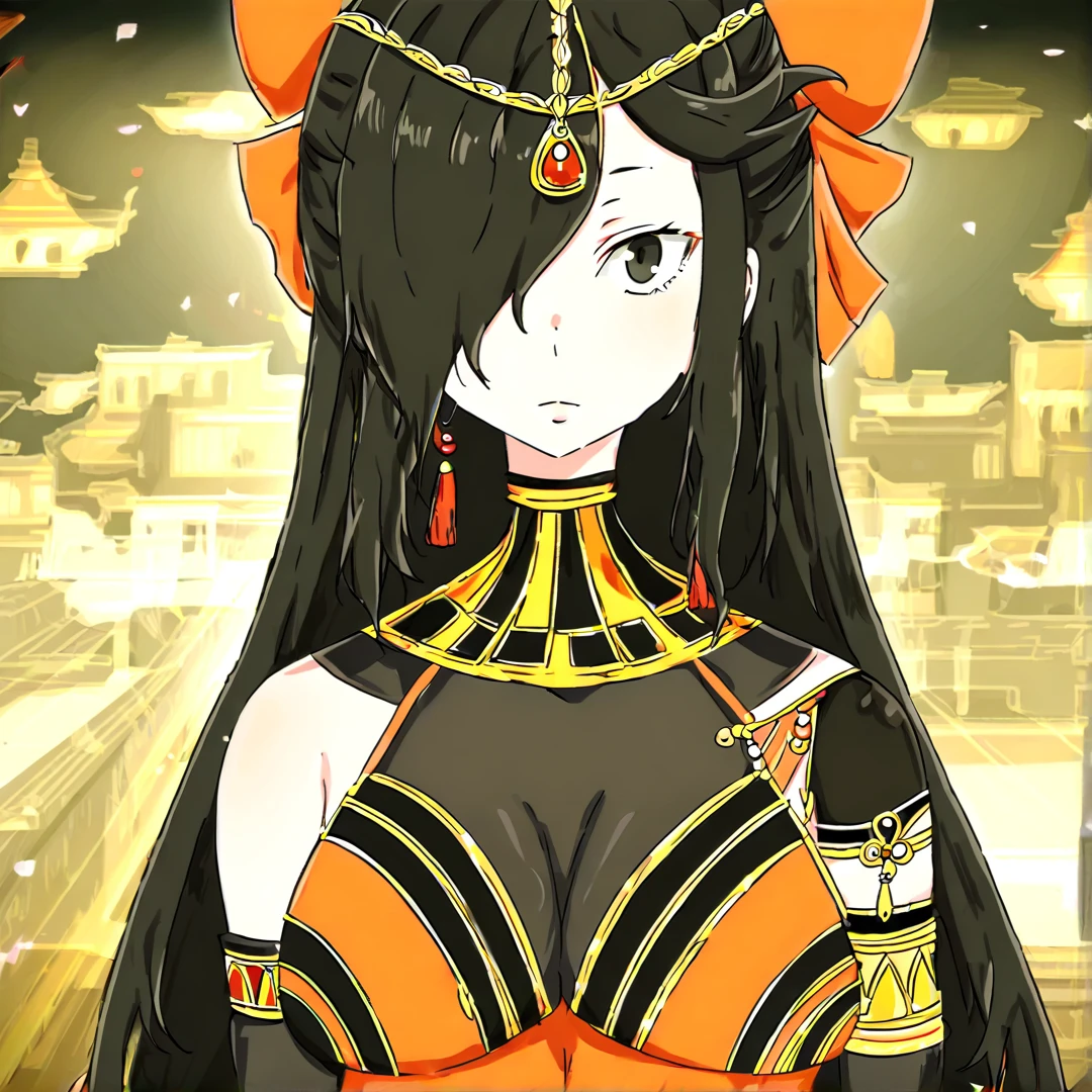 <lora:Natsuki Subaru:1>, subaru(crossdress), wears a transparent white and orange long dancer's dress, adorned with ornaments and gems, and a black wig, a fake chest, a large amount of make-ups, solo, in a city, walking, looking at viewer