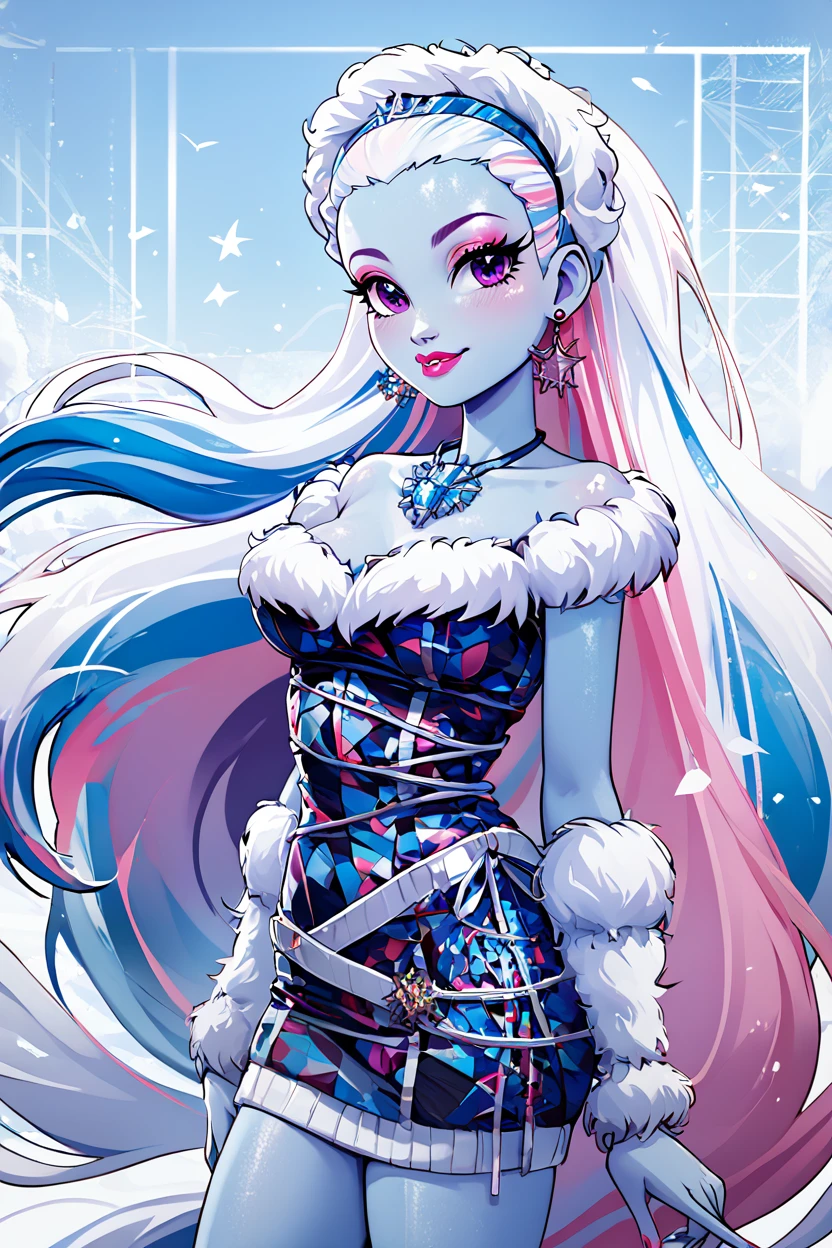 score_9, score_8_up, score_8, medium breasts, (curvy), cute, eyelashes,       ,,, , ,,, zzAbbey, purple eyes, blue hair, hairband, long hair, multicolored hair, pink hair, very long hair, white hair, colored skin, blue skin, makeup, jewelry, dress, earrings, fur trim, bare shoulders, necklace, eyeshadow, lipstick,  <lora:AbbeyBominable_MH_PDXL:0.8>,    ,,,, BREAK, smile, closed mouth, looking at viewer, cowboy shot, ,,, embedding:zPDXL, Expressiveh, ,,, <lora:Konpeto_PDXL_v3:1.0>, <lora:SDXLFaeTastic2400:0.5>, <lora:Expressive_H-000001:0.4>,